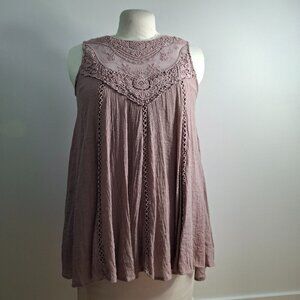 Bohemian Chic Lace Inset Flared Swing Tunic Tank Sz M Relax Fit Dusty Pink Lined